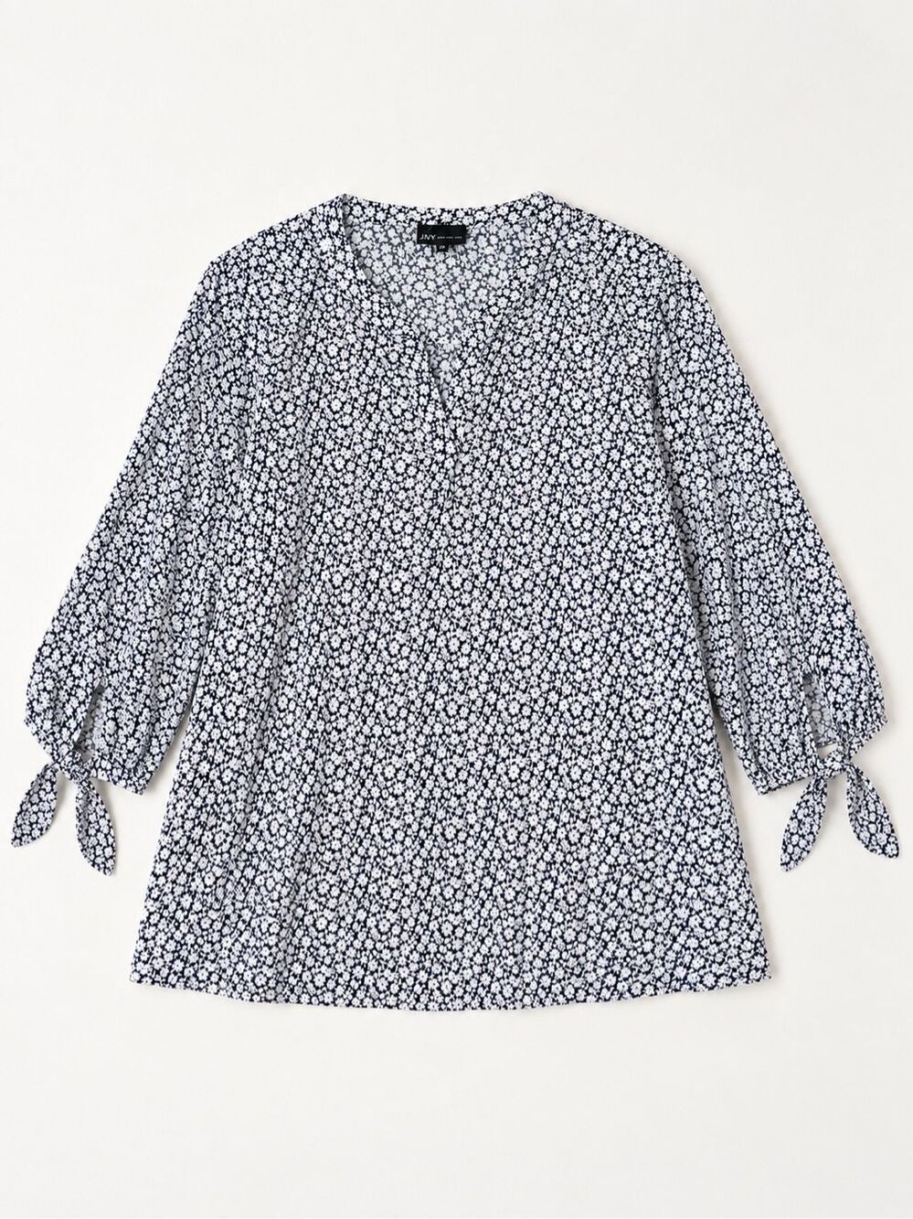 JNY Jones New York 2X Navy White Floral Tie Sleeve Tunic Blouse Plus